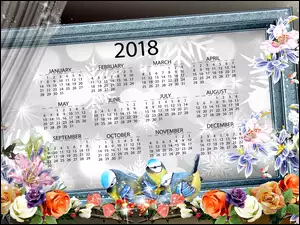 kalendarz na 2018 Rok w wiosennej kompozycji z ptaszkami i kwiatkami