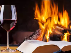Kieliszek wina przy książce i kominku