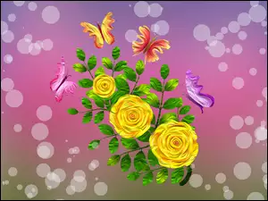Żółte róże z motylkami w grafice