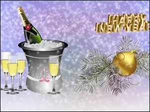 Świąteczne Nowy Rok Sylwester Szampan Kieliszki Napis Happy New Year Bombka Grafika2D