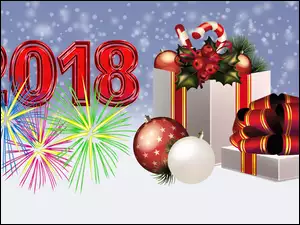 Graficzny Nowy rok 2018 z prezentami i bombkami