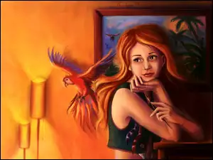 Obraz z rudowłosą dziewczyną i papugą