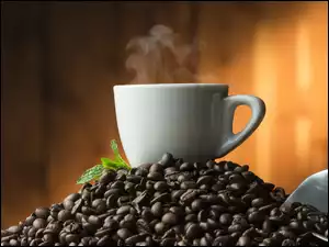Filiżanka z parująca kawą postawiona na ziarnach kawy