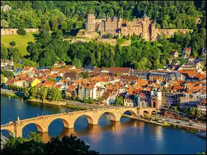 Heidelberger Schloss, Zamek w Heidelbergu, Niemcy, Rzeka Neckar, Heidelberg, Most