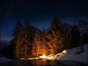 Zimowa leśna rzeka z ogniskiem