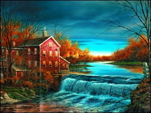 Obraz z młynem wodnym nad jesienną rzeką z drzewami