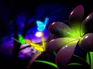 Kwiat, 3D, Motyle, Neon