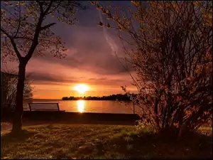 Zachód słońca nad jeziorem drzewami i ławeczka