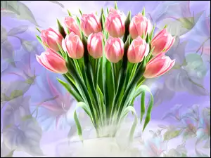 Różowe tulipany z listkami w grafice