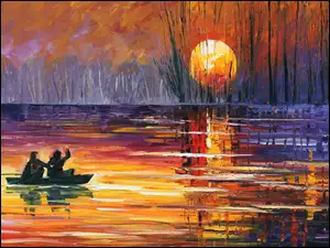 Wschód słońca nad jeziorem z łódką