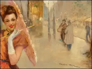 Dziewczyna z parasolem na obrazie węgierskiego malarza Pal Frieda