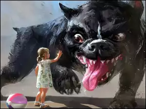 Dziewczynka z złym psem i piłką