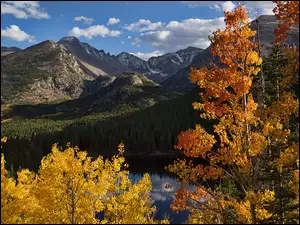 Góry z jesiennym lasem i jeziorem