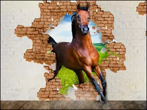 Koń pokonujący mur w grafice 4D