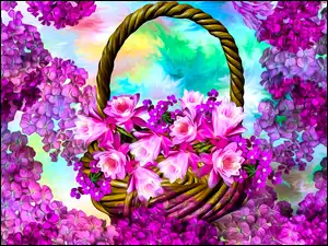 Graficzny koszyk z kolorowymi kwiatami