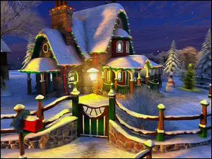 Oświetlony dom zimą w grafice