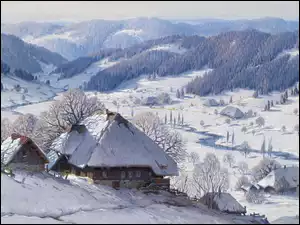 Śnieżne leśne góry z domami