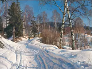 Śnieżna droga w zimowym lesie z domami