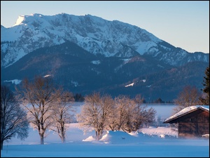 Górska zimowa dolina z szopą i drzewami