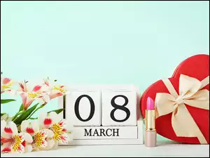 Data Dzień Kobiet z sercem kwiatami i szminką