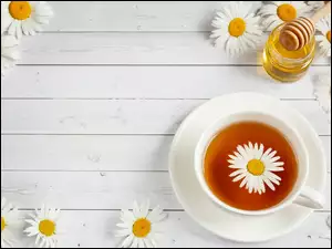 Kwiat rumianku w filiżance z herbatą