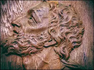 Płaskorzeźba w drewnie głowy Jezusa