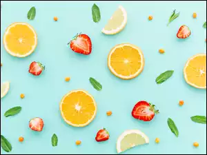 Cytryny, Listki.Mięty, Pomarańcze, Owoce, Truskawki