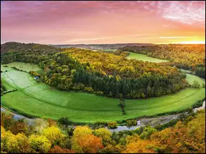 Wschód słońca, Rzeka Wye, Lasy, Forest of Dean, Zakole, Jesień, Anglia, Drzewa