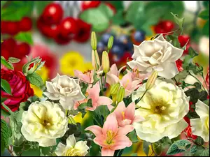Róże, Grafika, Kwiaty, Kolorowe, Lilie