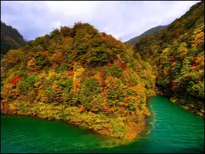 Jesień w górach nad jeziorem w Japonii
