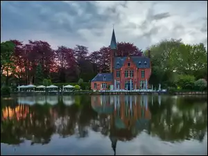 Dom, Restauracja Kasteel Minnewater, Jezioro Lake of Love, Belgia, Drzewa, Brugia