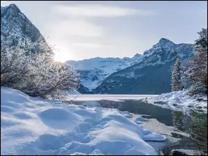 Zima, Alberta, Drzewa, Louise Lake, Promienie słońca, Park Narodowy Banff, Góry Skaliste, Kanada, Jezioro