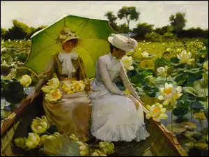 Kobiety w łódce wśród lilii wodnych