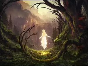 Drzewa, Dziewczyna, Las, Fantasy, Góry