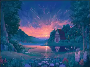 Jezioro, Dom, Wschód słońca, Grafika, Drzewa, Kwiaty
