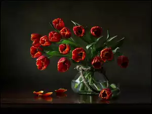 Wazon, Bukiet, Czerwone, Tulipany