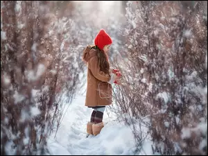 Dziewczynka przy zaśnieżonych krzewach