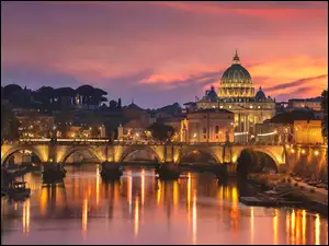 Watykan, Rzeka Tyber, Zachód słońca, Włochy, Światła, Bazylika Świętego Piotra, Most Ponte Umbert