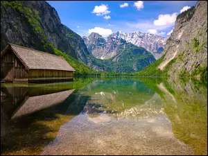 Park Narodowy Berchtesgaden, Jezioro Obersee, Szopa, Bawaria, Drewniany, Góry Alpy, Niemcy, Domek