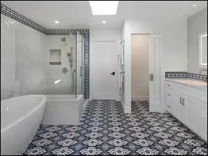 Biała łazienka z kolorowymi terakotowymi płytkami