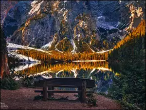 Dolomity, Jezioro, Ławka, Tyrol, Pragser Wildsee, Góry, Włochy, Lago di Braies