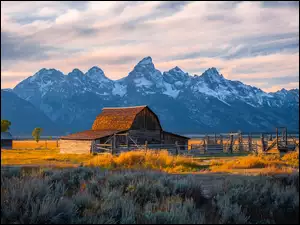 Park Narodowy Grand Teton, Stodoła, Góry Teton Range, Stan Wyoming, Drewniana, Drzewa, Stany Zjednoczone, Chata