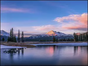 Sparks Lake, Jezioro, Góry Kaskadowe, Stany Zjednoczone, Drzewa, Stan Oregon