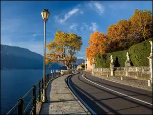 Lampy i jesienne drzewa na nabrzeżu jeziora Lago di Como