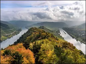 Wzgórze, Chmury, Jesień, Niemcy, Rzeka Mozela