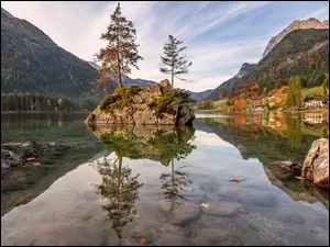Gmina Berchtesgadener, Góry, Drzewa, Bawaria, Jezioro Hintersee, Domy, Niemcy, Skały