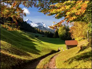 Jesień, Bawaria, Domek, Drzewa, Droga, Góry, Alpy Bawarskie, Niemcy, Szczyt Zugspitze