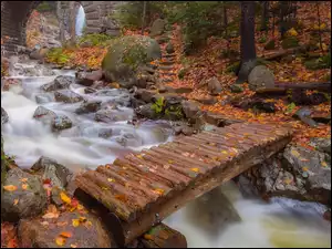 Drewniany mostek na skałach nad rwąca rzeką w jesiennym lesie