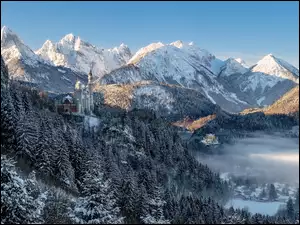 Alpy, Zamek Neuschwanstein, Niemcy, Góry, Bawaria, Zima, Lasy