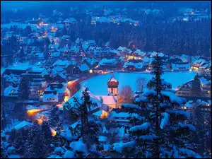 Śnieg, Domy, Niemcy, Zima, Badenia-Wirtembergia, Hinterzarten, Drzewa
